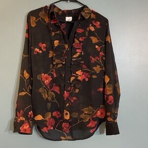 Women's Cabi Catherine Black Sheer‎ Ruffle Red Floral Print Blouse XS Top 3505